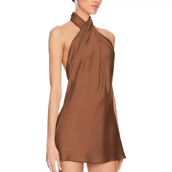 BELONGSCI Womens 2024 Summer Satin Dress Crisscross Sleeveless Halter Neck Cocktail Party Mini DressL3 Brown