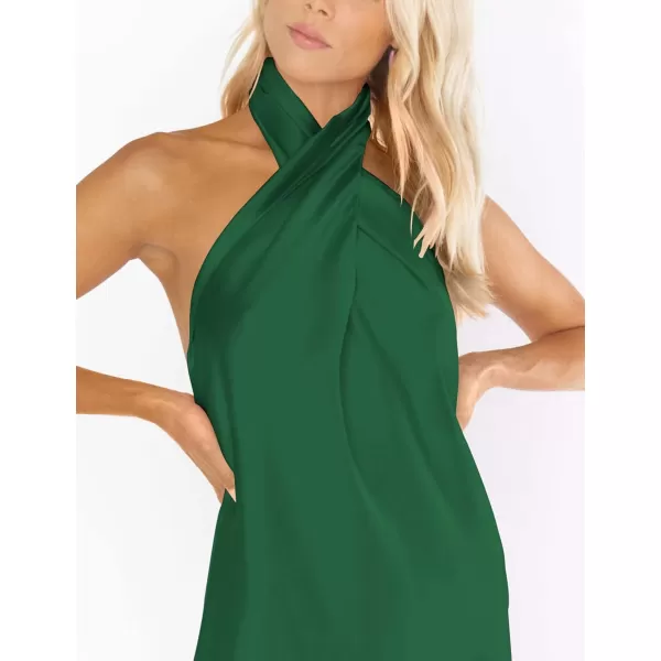 BELONGSCI Womens 2024 Summer Satin Dress Crisscross Sleeveless Halter Neck Cocktail Party Mini DressL3 Green