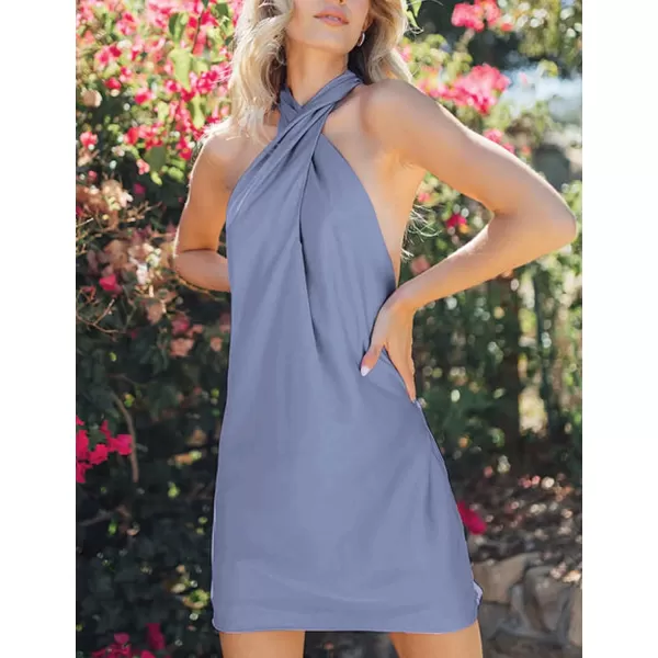 BELONGSCI Womens 2024 Summer Satin Dress Crisscross Sleeveless Halter Neck Cocktail Party Mini DressL3 Grey Blue