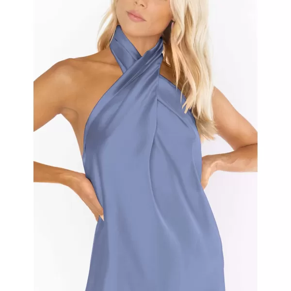 BELONGSCI Womens 2024 Summer Satin Dress Crisscross Sleeveless Halter Neck Cocktail Party Mini DressL3 Grey Blue