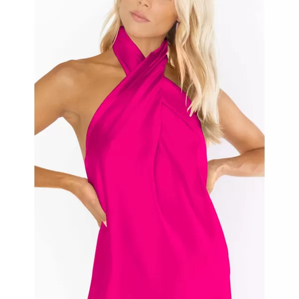 BELONGSCI Womens 2024 Summer Satin Dress Crisscross Sleeveless Halter Neck Cocktail Party Mini DressL3 Hot Pink