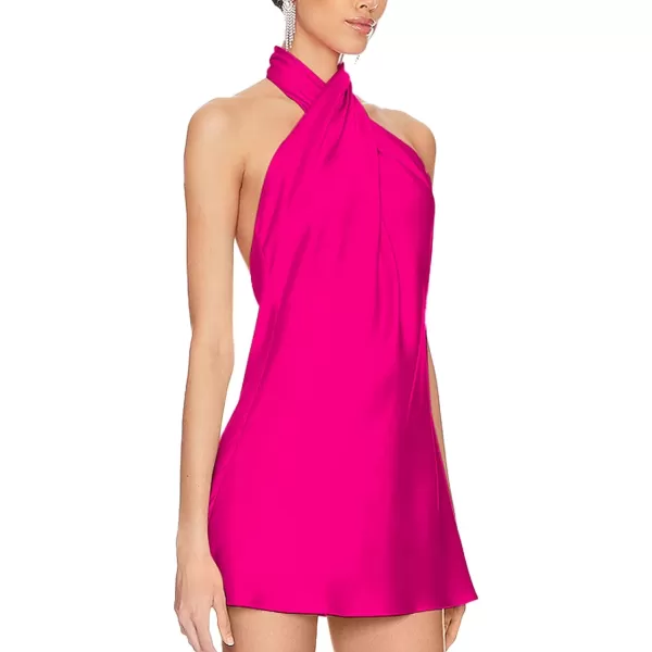 BELONGSCI Womens 2024 Summer Satin Dress Crisscross Sleeveless Halter Neck Cocktail Party Mini DressL3 Hot Pink