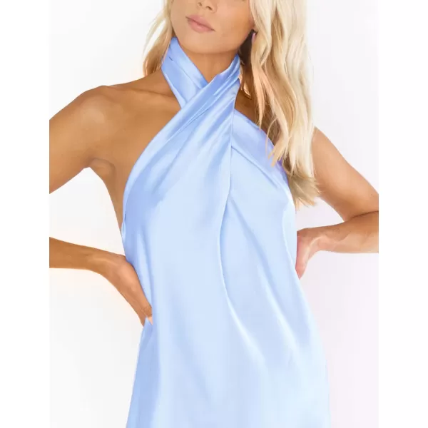 BELONGSCI Womens 2024 Summer Satin Dress Crisscross Sleeveless Halter Neck Cocktail Party Mini DressL3 Light Blue