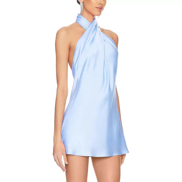 BELONGSCI Womens 2024 Summer Satin Dress Crisscross Sleeveless Halter Neck Cocktail Party Mini DressL3 Light Blue