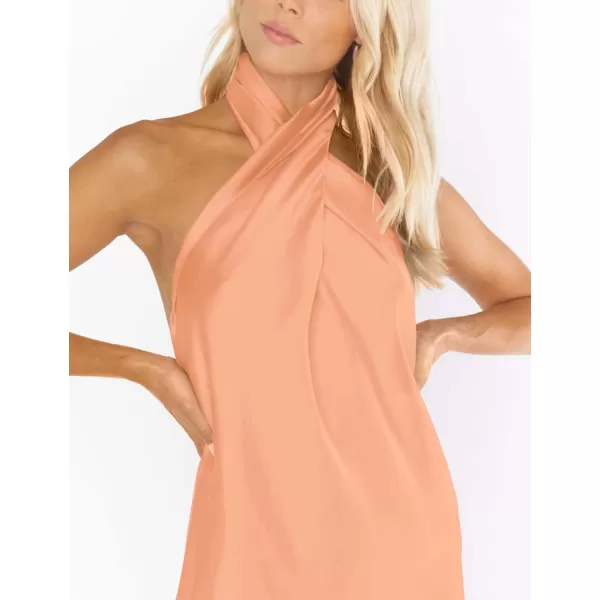 BELONGSCI Womens 2024 Summer Satin Dress Crisscross Sleeveless Halter Neck Cocktail Party Mini DressL3 Light Orange