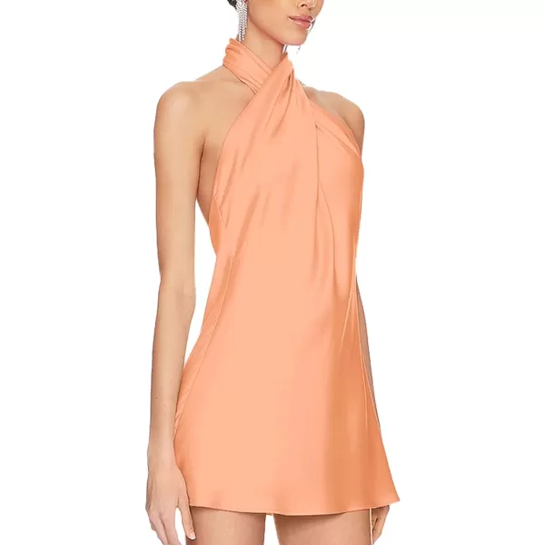 BELONGSCI Womens 2024 Summer Satin Dress Crisscross Sleeveless Halter Neck Cocktail Party Mini DressL3 Light Orange