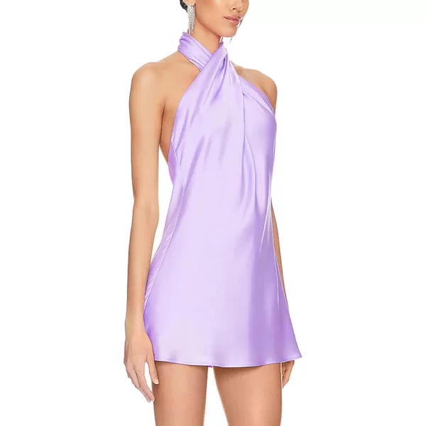 BELONGSCI Womens 2024 Summer Satin Dress Crisscross Sleeveless Halter Neck Cocktail Party Mini DressL3 Light Purple