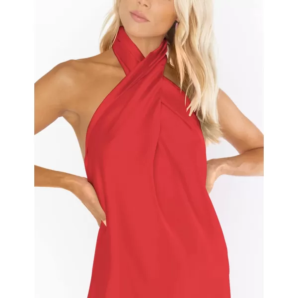 BELONGSCI Womens 2024 Summer Satin Dress Crisscross Sleeveless Halter Neck Cocktail Party Mini DressL3 Red