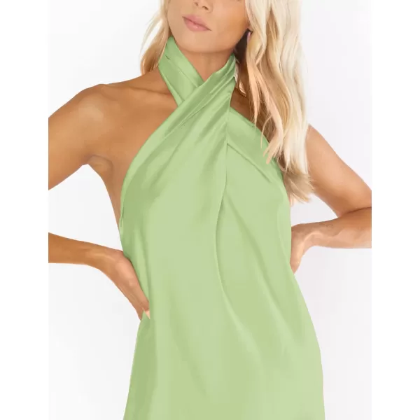 BELONGSCI Womens 2024 Summer Satin Dress Crisscross Sleeveless Halter Neck Cocktail Party Mini DressL3 Tender Green