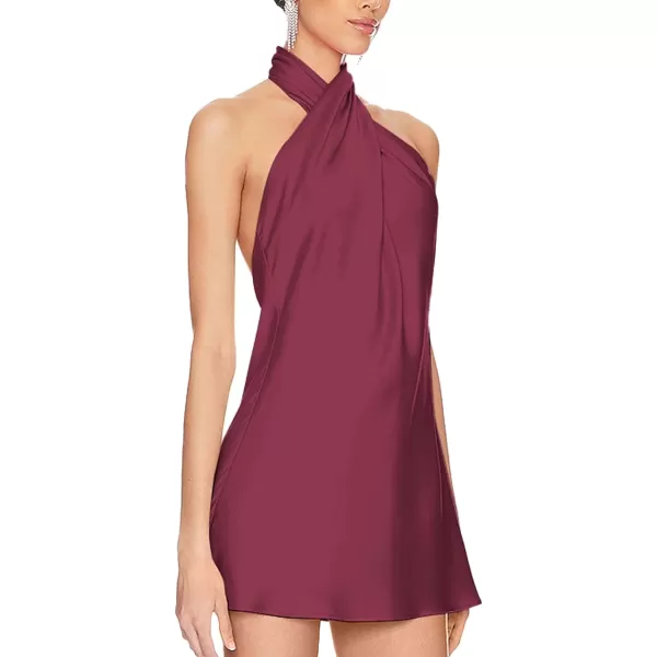 BELONGSCI Womens 2024 Summer Satin Dress Crisscross Sleeveless Halter Neck Cocktail Party Mini DressL3 Wine Red