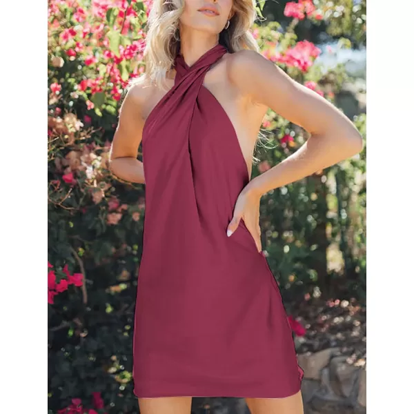 BELONGSCI Womens 2024 Summer Satin Dress Crisscross Sleeveless Halter Neck Cocktail Party Mini DressL3 Wine Red