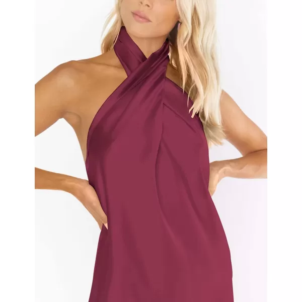 BELONGSCI Womens 2024 Summer Satin Dress Crisscross Sleeveless Halter Neck Cocktail Party Mini DressL3 Wine Red