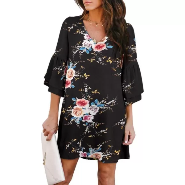 BELONGSCI Womens 2023 Summer Dress Sweet amp Cute VNeck Bell Sleeve Shift Dress Mini Dress Perfect for Wedding or GraduationBlack Floral