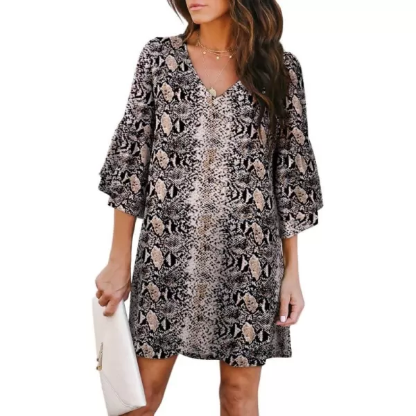 BELONGSCI Womens 2023 Summer Dress Sweet amp Cute VNeck Bell Sleeve Shift Dress Mini Dress Perfect for Wedding or GraduationWhite Snake Pattern