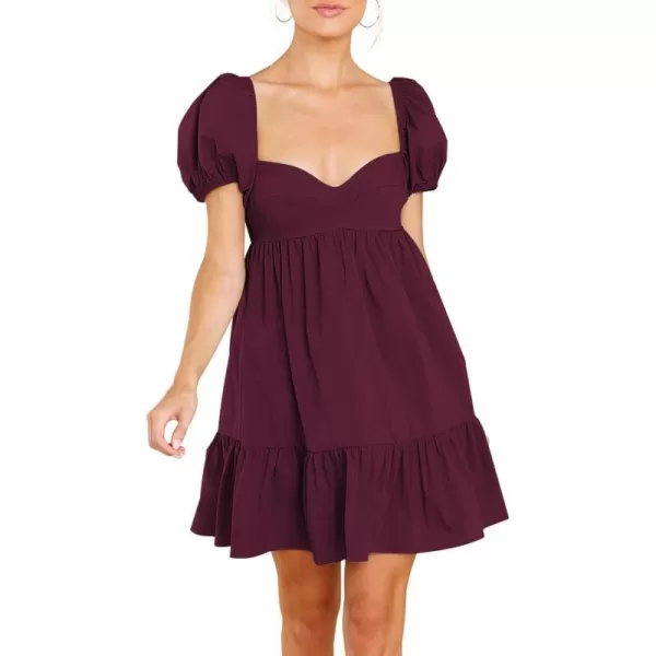 BELONGSCI Womens 2023 Summer DressSquare amp Sweetheart Neck Dress Short Puff Sleeve ALine Casual Mini DressE Wine Red