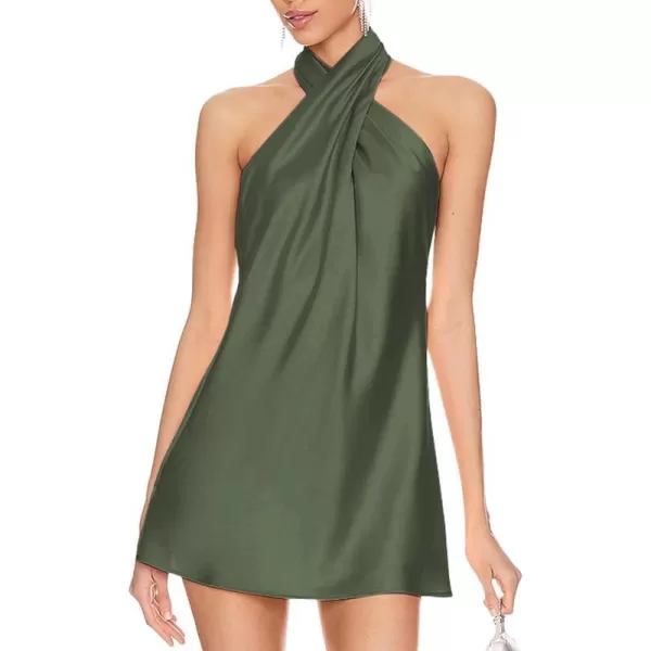 BELONGSCI Womens 2024 Summer Satin Dress Crisscross Sleeveless Halter Neck Cocktail Party Mini DressL3 Army Green