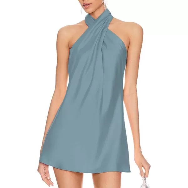 BELONGSCI Womens 2024 Summer Satin Dress Crisscross Sleeveless Halter Neck Cocktail Party Mini DressL3 Blue Green