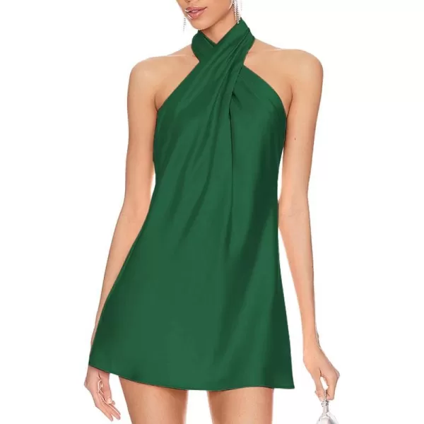 BELONGSCI Womens 2024 Summer Satin Dress Crisscross Sleeveless Halter Neck Cocktail Party Mini DressL3 Green