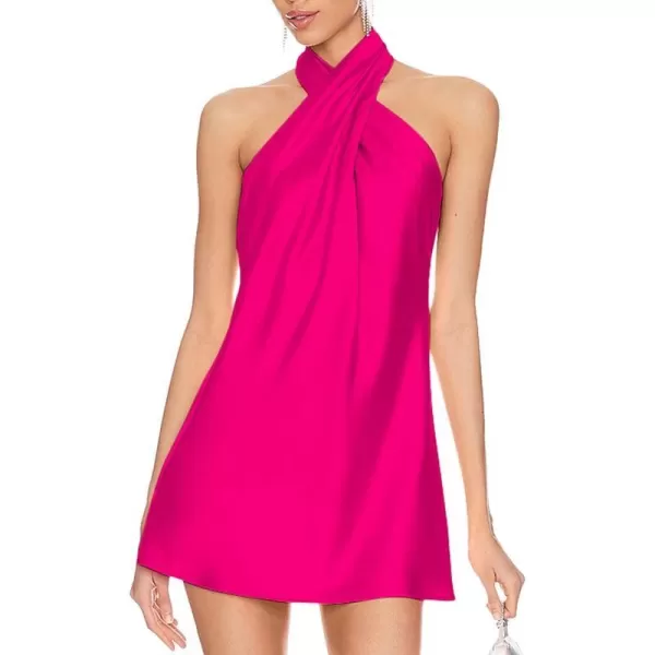 BELONGSCI Womens 2024 Summer Satin Dress Crisscross Sleeveless Halter Neck Cocktail Party Mini DressL3 Hot Pink