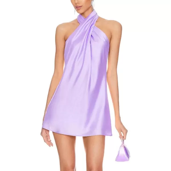 BELONGSCI Womens 2024 Summer Satin Dress Crisscross Sleeveless Halter Neck Cocktail Party Mini DressL3 Light Purple