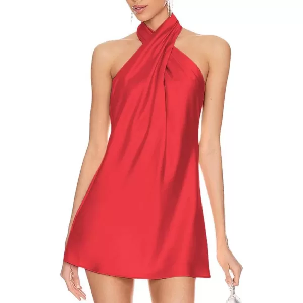 BELONGSCI Womens 2024 Summer Satin Dress Crisscross Sleeveless Halter Neck Cocktail Party Mini DressL3 Red