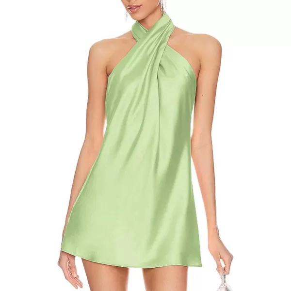 BELONGSCI Womens 2024 Summer Satin Dress Crisscross Sleeveless Halter Neck Cocktail Party Mini DressL3 Tender Green