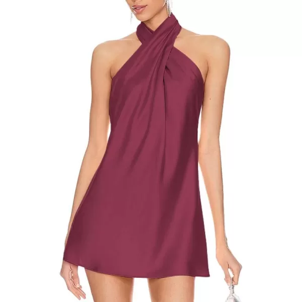 BELONGSCI Womens 2024 Summer Satin Dress Crisscross Sleeveless Halter Neck Cocktail Party Mini DressL3 Wine Red