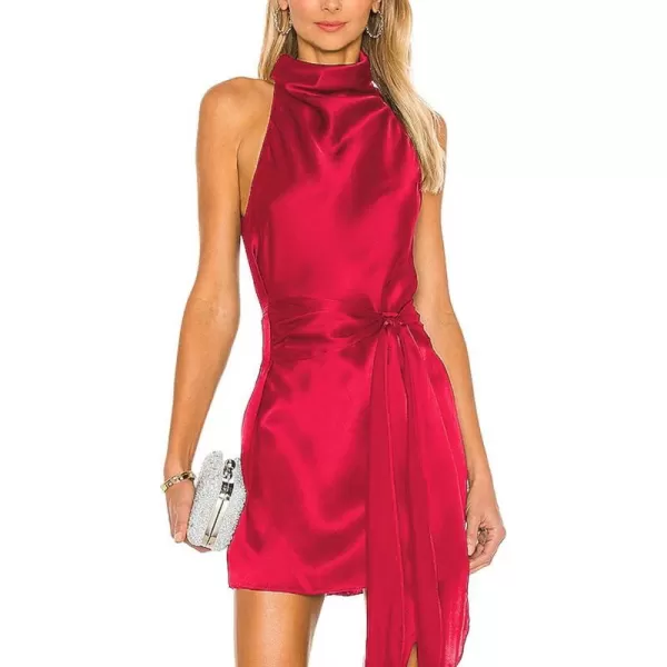 BELONGSCI Womens 2024 Summer Satin Dress Sleeveless Halter Neck Tie Waist Wrap Elegant Cocktail Party Mini DressI3 Red