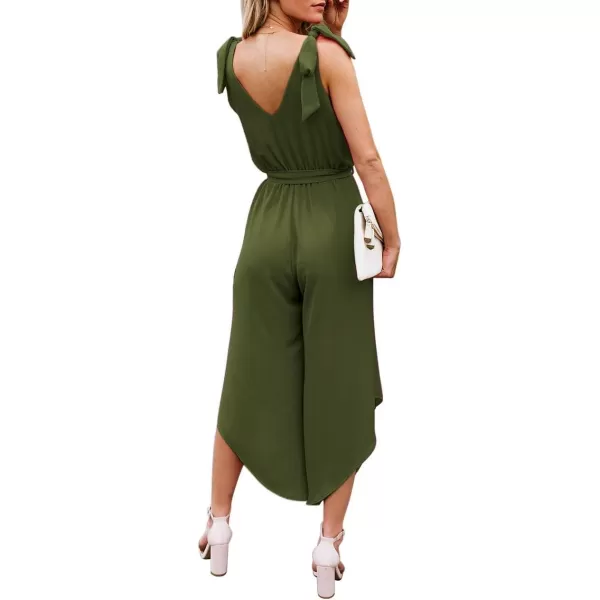 BELONGSCI Women 2023 Summer Jumpsuit Outfit Sleeveless Shoulder VNeck Long Romper Jumpsuits with BeltArmy Green