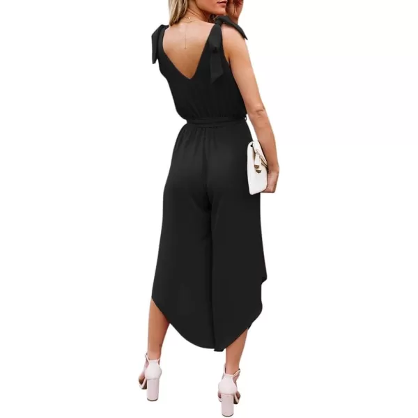 BELONGSCI Women 2023 Summer Jumpsuit Outfit Sleeveless Shoulder VNeck Long Romper Jumpsuits with BeltBlack