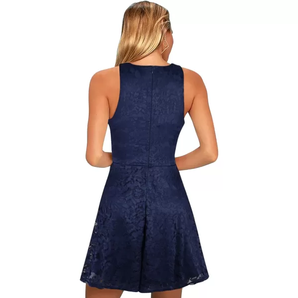 BELONGSCI Women 2023 Sweet and Cute Sleeveless Racerback Flared Swing ALine Waist Hollow Out Summer Short DressN6 Dark Blue Lace