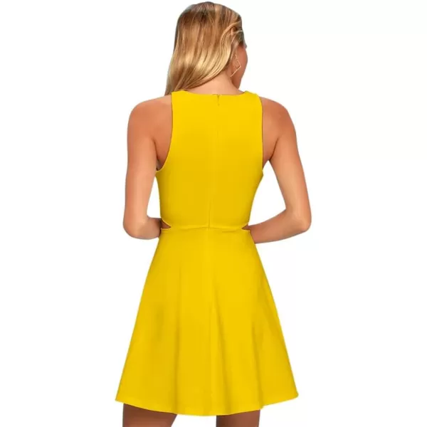 BELONGSCI Women 2023 Sweet and Cute Sleeveless Racerback Flared Swing ALine Waist Hollow Out Summer Short DressYellow8812