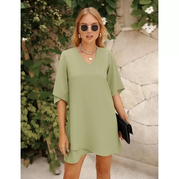 BELONGSCI Womens 2023 Summer Dress Sweet amp Cute VNeck 34 Bell Sleeve Casual Flowy Swing DressArmy Green2114