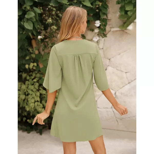 BELONGSCI Womens 2023 Summer Dress Sweet amp Cute VNeck 34 Bell Sleeve Casual Flowy Swing DressArmy Green2114