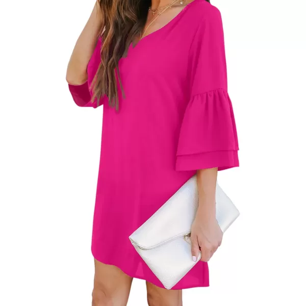 BELONGSCI Womens 2023 Summer Dress Sweet amp Cute VNeck 34 Bell Sleeve Casual Flowy Swing DressB Hot Pink