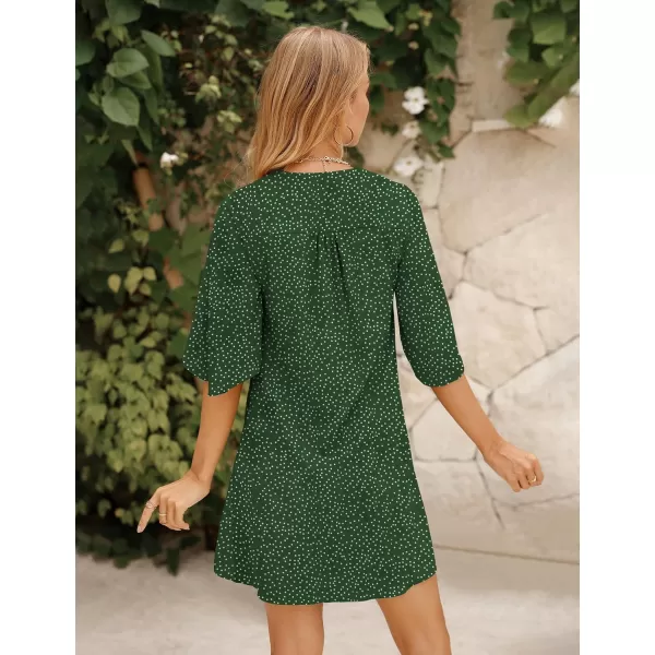 BELONGSCI Womens 2023 Summer Dress Sweet amp Cute VNeck 34 Bell Sleeve Casual Flowy Swing DressF2 Polka Dot Dark Green