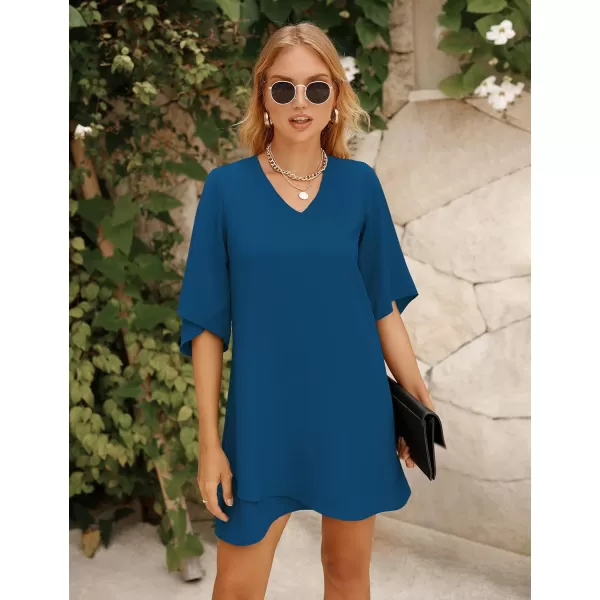 BELONGSCI Womens 2023 Summer Dress Sweet amp Cute VNeck 34 Bell Sleeve Casual Flowy Swing DressF3 Aegean Blue