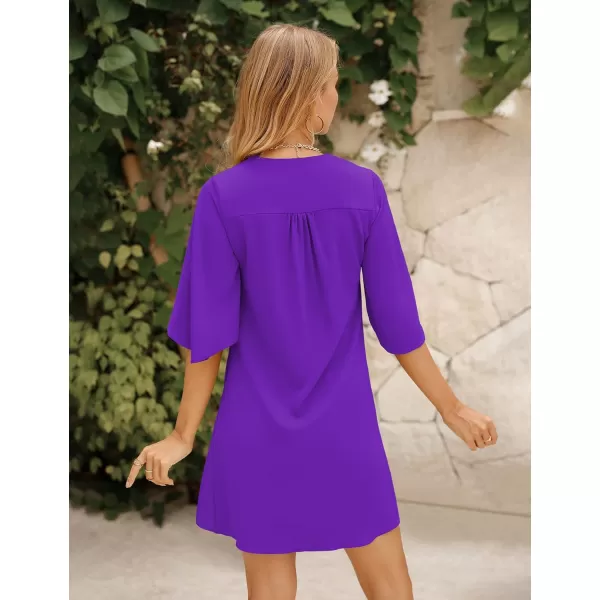 BELONGSCI Womens 2023 Summer Dress Sweet amp Cute VNeck 34 Bell Sleeve Casual Flowy Swing DressF3 Dark Purple