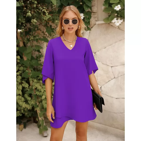 BELONGSCI Womens 2023 Summer Dress Sweet amp Cute VNeck 34 Bell Sleeve Casual Flowy Swing DressF3 Dark Purple