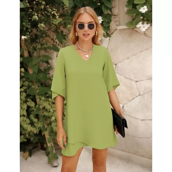 BELONGSCI Womens 2023 Summer Dress Sweet amp Cute VNeck 34 Bell Sleeve Casual Flowy Swing DressF3 Fruit Green