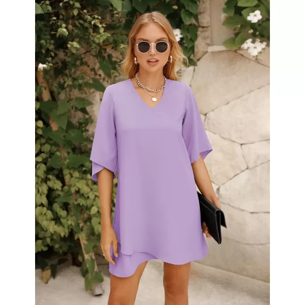 BELONGSCI Womens 2023 Summer Dress Sweet amp Cute VNeck 34 Bell Sleeve Casual Flowy Swing DressF3 Light Purple