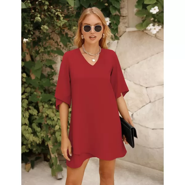 BELONGSCI Womens 2023 Summer Dress Sweet amp Cute VNeck 34 Bell Sleeve Casual Flowy Swing DressF3 Red