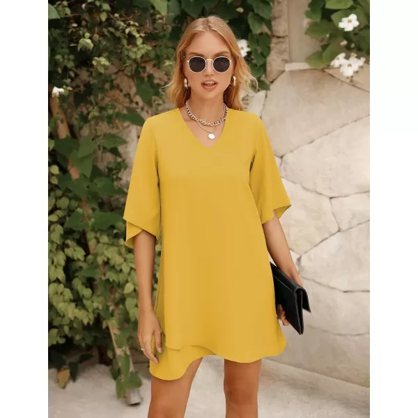 BELONGSCI Womens 2023 Summer Dress Sweet amp Cute VNeck 34 Bell Sleeve Casual Flowy Swing DressF3 Yellow