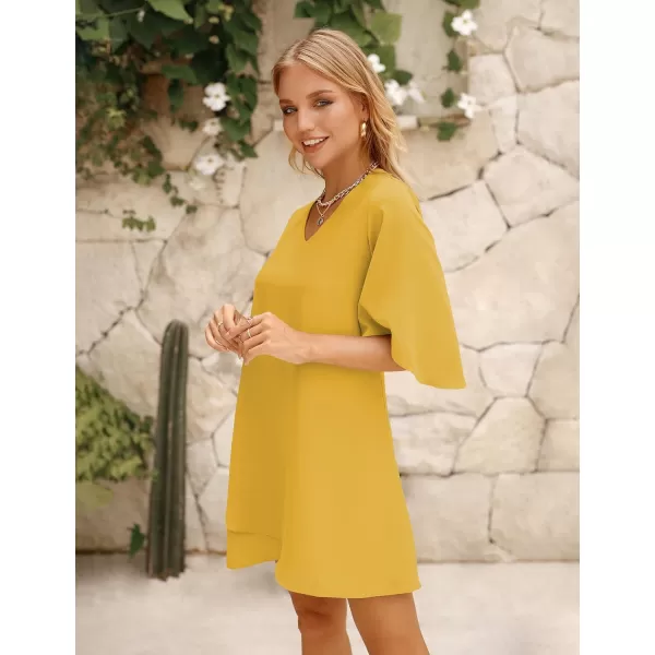 BELONGSCI Womens 2023 Summer Dress Sweet amp Cute VNeck 34 Bell Sleeve Casual Flowy Swing DressF3 Yellow