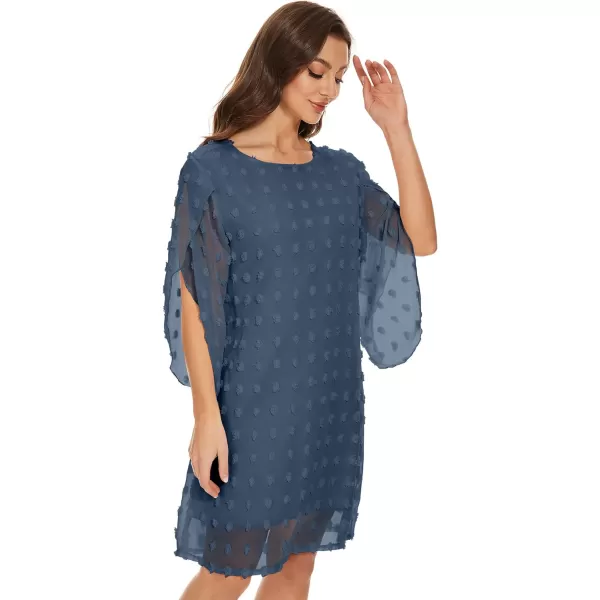 BELONGSCI Womens 2023 Summer Dress Sweet amp Cute VNeck 34 Bell Sleeve Casual Flowy Swing DressH Steel Blue