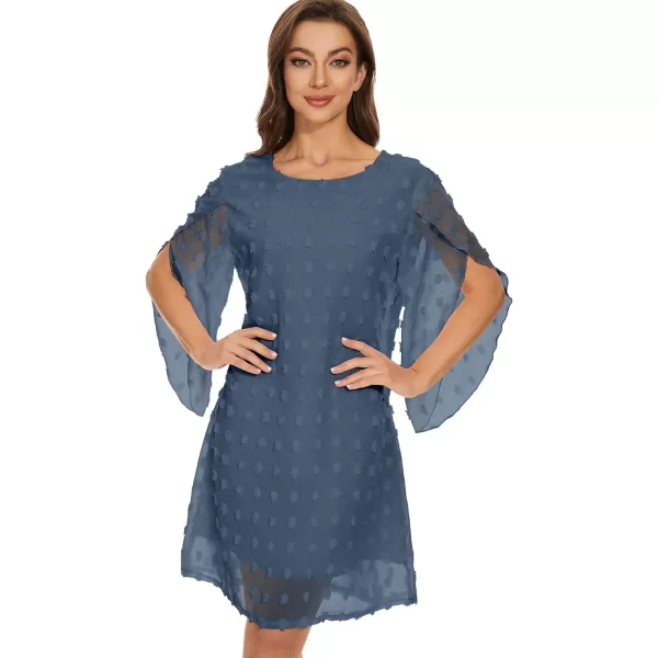 BELONGSCI Womens 2023 Summer Dress Sweet amp Cute VNeck 34 Bell Sleeve Casual Flowy Swing DressH Steel Blue