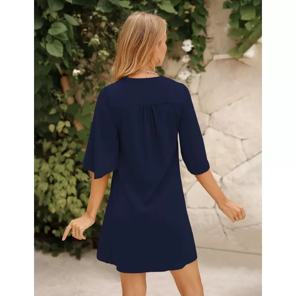 BELONGSCI Womens 2023 Summer Dress Sweet amp Cute VNeck 34 Bell Sleeve Casual Flowy Swing DressNavy Blue2114