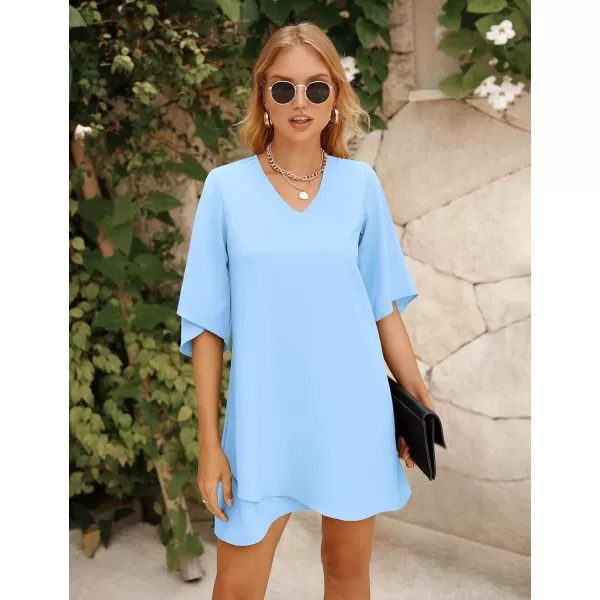 BELONGSCI Womens 2023 Summer Dress Sweet amp Cute VNeck 34 Bell Sleeve Casual Flowy Swing DressSky Blue2114