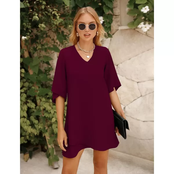 BELONGSCI Womens 2023 Summer Dress Sweet amp Cute VNeck 34 Bell Sleeve Casual Flowy Swing DressWine Red2114