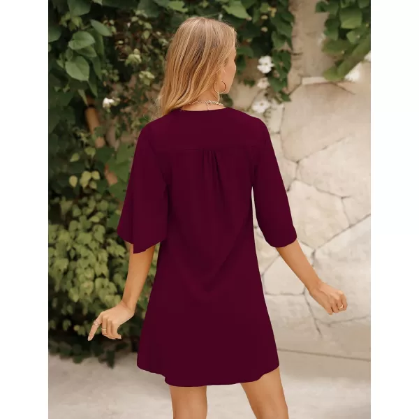 BELONGSCI Womens 2023 Summer Dress Sweet amp Cute VNeck 34 Bell Sleeve Casual Flowy Swing DressWine Red2114